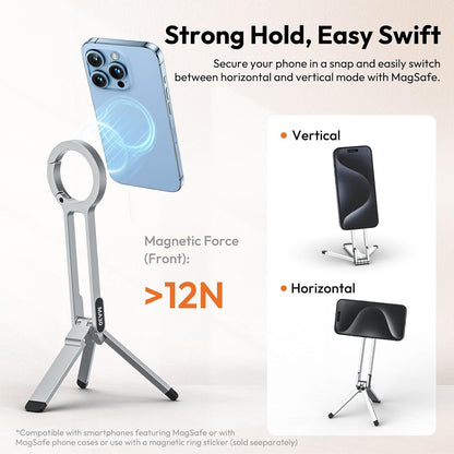 ULANZI MA30 Magnetic Phone Tripod Stand for iPhone - Aluminium Maglock Smartphone Mini Tripod Pocket Cell Phone Stand Strong Magnet Quick Mount Compatible with iPhone 16 15 14 13 12 Series, Silver