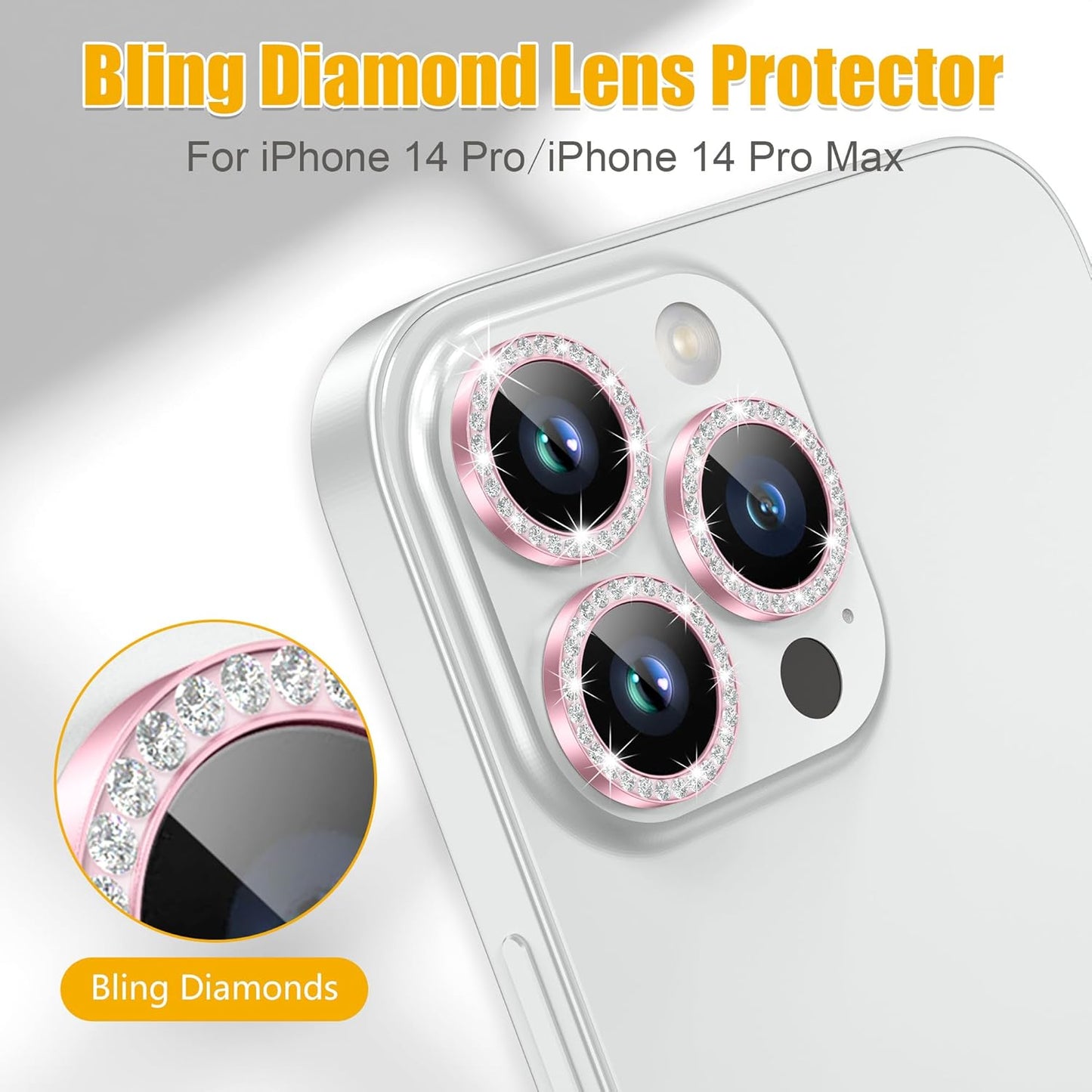 AGVEE 3+3 6 Pack for iPhone 14 Pro/Pro Max, Bling Diamond & Glitter Metal Ring 9H Tempered HD Glass Camera Protector, Bling-Gold