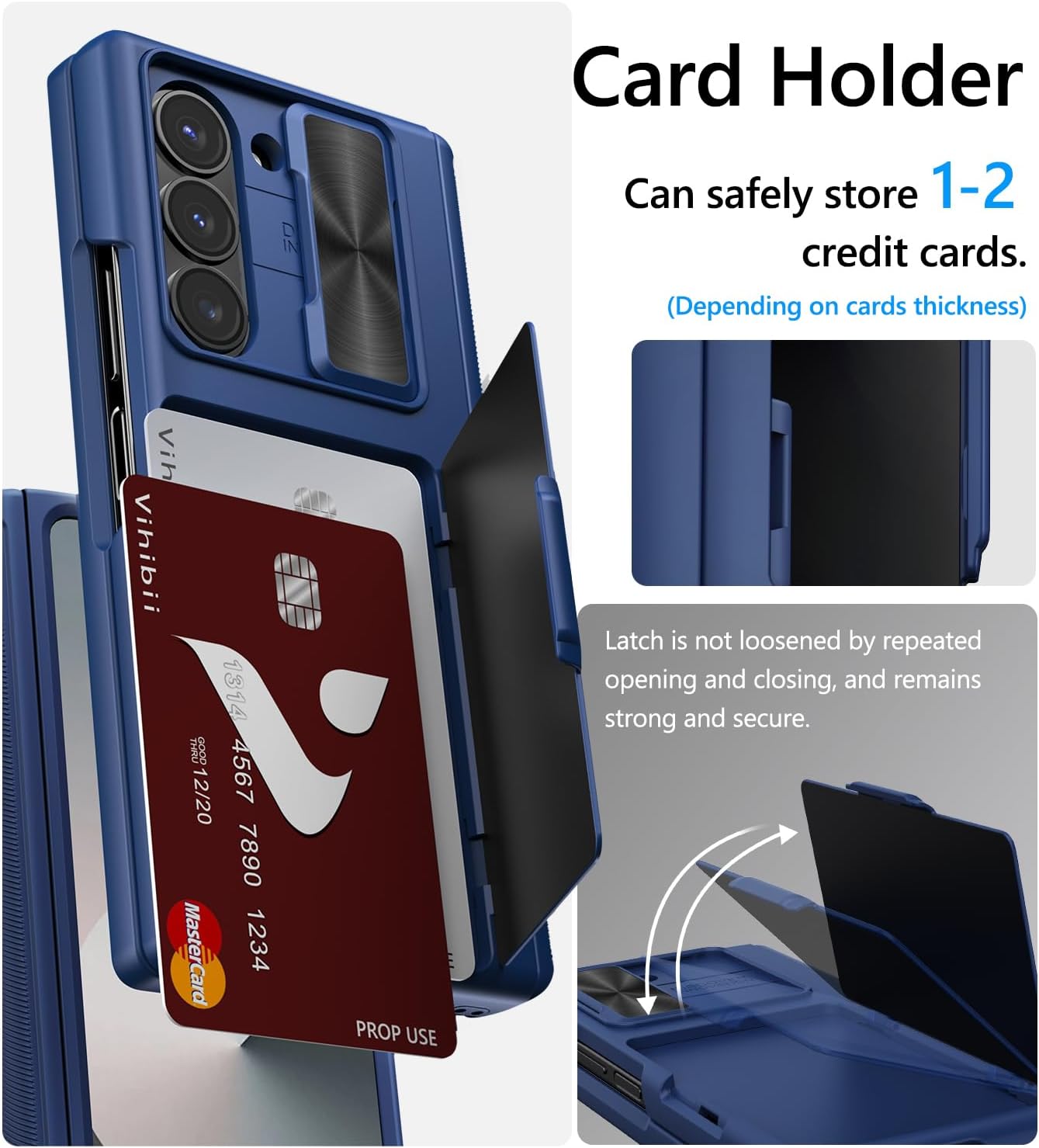 Vihibii for Samsung Galaxy Z Fold 6 Case Wallet with Card Holder & Slide Camera Lens Cover & Screen Protector & Hinge Protection, Durable Rugged Protective Phone Case for Galaxy Z Fold 6 2024, Blue