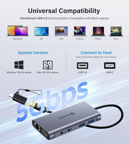 UtechSmart USB Docking Station, 11 IN 1 USB C Dock Triple Display, USB 3.0 Laptop Docking Station with Dual HDMI, VGA, PD, Ethernet, SD/TF, USB 3.0, Mic/Audio, Compatible for MacBook M1 Dell HP Lenovo