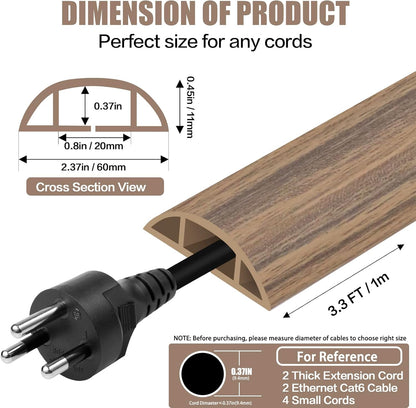 Floor Cord Cover Cavity 0.8"x0.37" Self Adhesive Cord Hider, 3.3FT Low Profile Cable Management, Extension Strip Protector for Wires, Prevent Cable Trips for Offices, Gyms,(Wood Smoked Brown)
