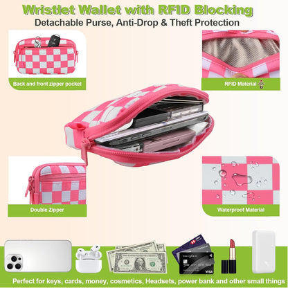Clip and Go Strap for Phone with Wallet Crossbody, Adjustable Phone Lanyard with Detachable RFID Wristlet Wallet, Phone Strap with Phone Tabs for All Phones, Pink Checkered (L)
