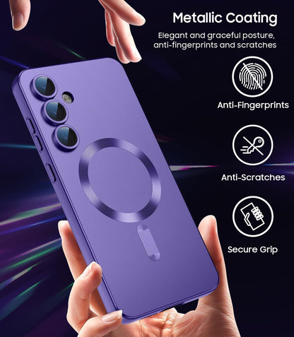 Magnetic for Samsung Galaxy S24 FE Case [Compatible with MagSafe][Built-in Camera Lens Protector] Slim Soft Silicone Bumper Shockproof Metallic Luster Phone Cover (Purple)