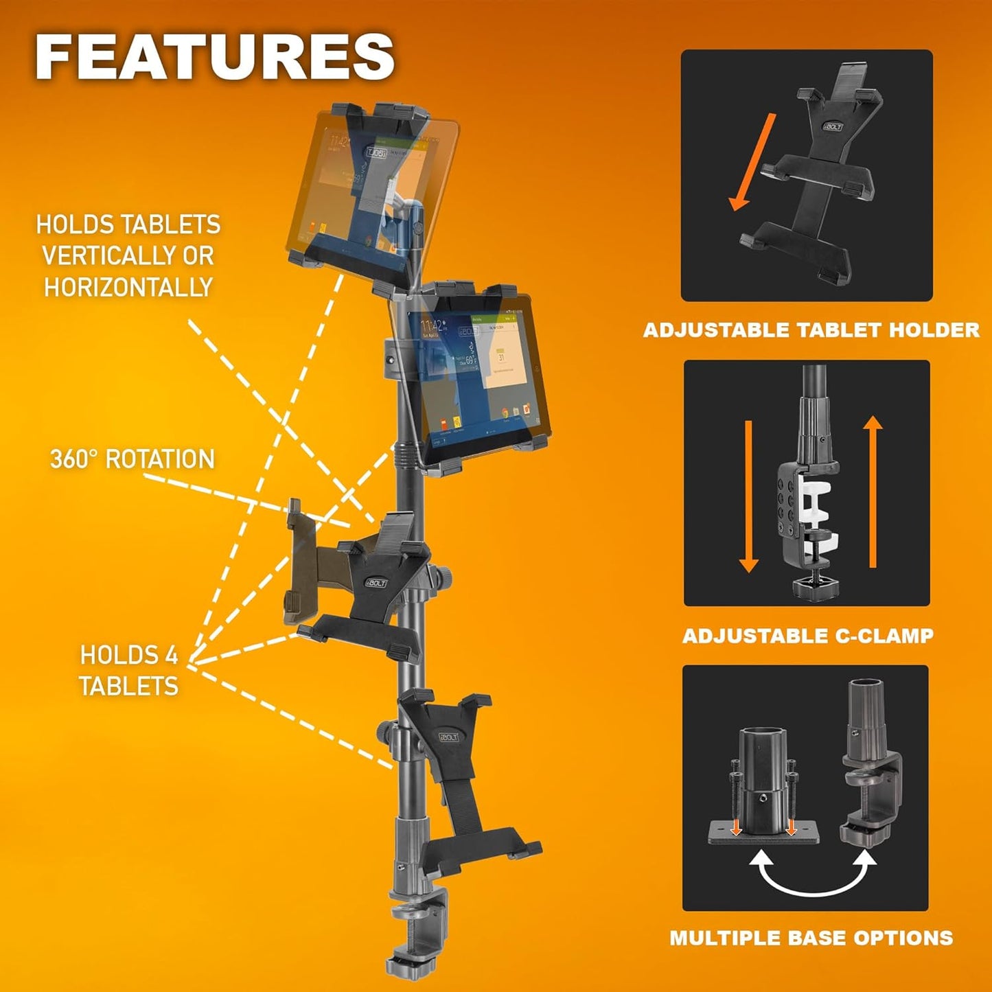 iBOLT TabDock Point of Purchase Clamp Mount - with 4 Tablet Holders Perfect for Multiple delivery Applications (DoorDash, Uber eats, Postmates, etc.) Fits 7 to 10 inch Tablets