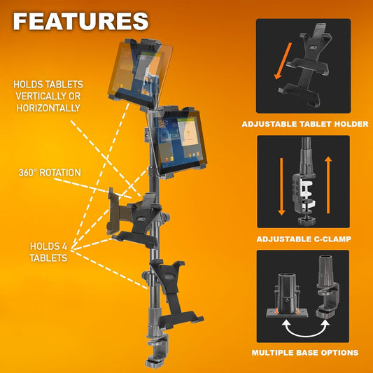 iBOLT TabDock Point of Purchase Clamp Mount - with 4 Tablet Holders Perfect for Multiple delivery Applications (DoorDash, Uber eats, Postmates, etc.) Fits 7 to 10 inch Tablets
