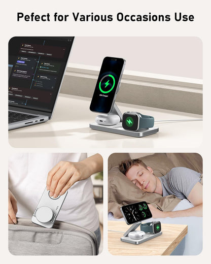 VBA 3 in 1 Wireless Charging Station for Apple MagSafe Charger,Foldable Fast Charging Magnetic Wireless Charger Stand,Travel Charger for iPhone 16 15 14 13 12,Apple Watch,AirPods Pro(White)