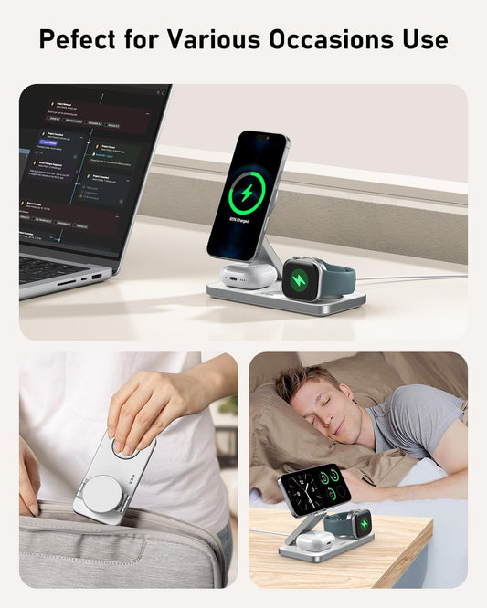 VBA 3 in 1 Wireless Charging Station for Apple MagSafe Charger,Foldable Fast Charging Magnetic Wireless Charger Stand,Travel Charger for iPhone 16 15 14 13 12,Apple Watch,AirPods Pro(White)