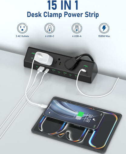 Jgstkcity 90W Desk Clamp Power Strip,12 USB Ports (6 PD 45W USB-C),Surge Protector,ETL Listed Power Hub Extension Cord,Fast Charging Station for Home Office Desk Edge Mount (Black,12 USB-90W)