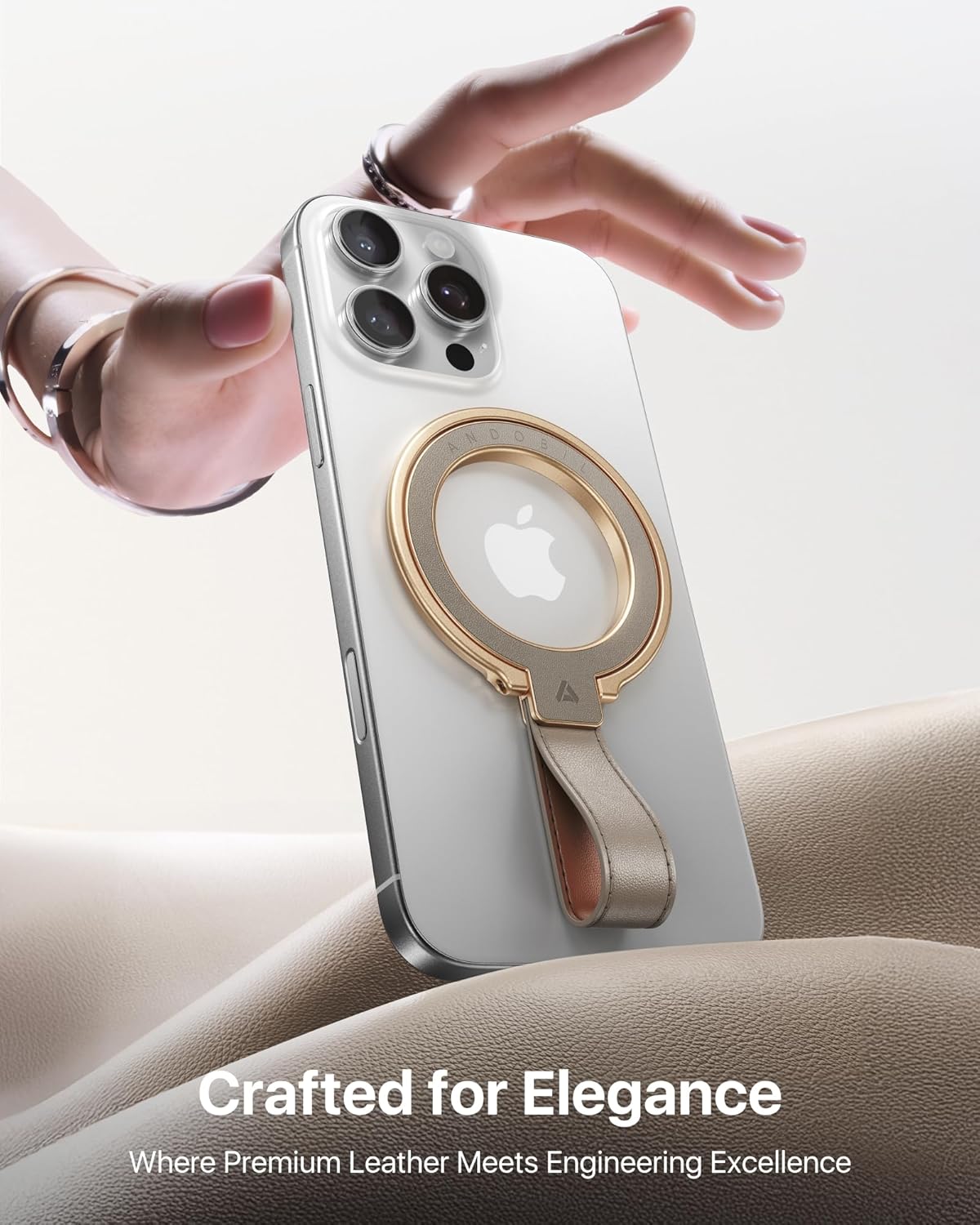 andobil[2025 Premium Leather]Magnetic Phone Grip for MagSafe[Unrivaled Stability]Adjustable Phone Ring Kickstand with Leather Loop Compatible with MagSafe Accessories&iPhone 16 Pro Max/15/14/13,Greige