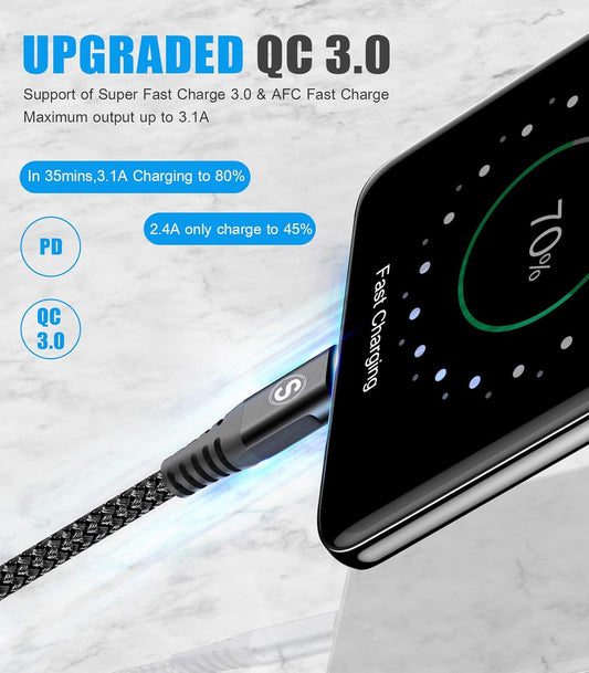 sweguard USB Type C Charger Cable [3-Pack,10ft+6.6ft+3.3ft] iPhone 16 Charger Nylon Braided Cord for iPhone 16 15 Pro Max Plus Samsung Galaxy S24 S23 S22 S21 S20 S10 Note 20 10 A54 Pixel LG Moto PS5