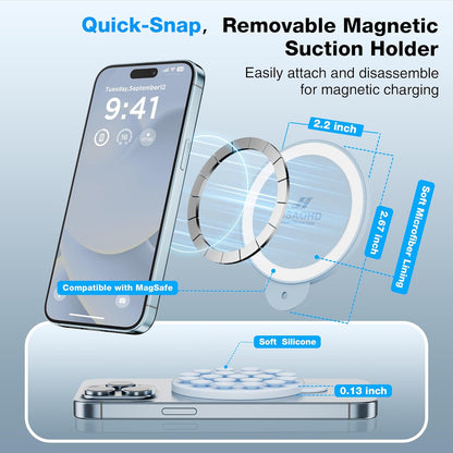 Magnetic Suction Cup Phone Mount for MagSafe Case, Silicone Hands-Free Grip Holder for iPhone and Android, Mirror Shower Phone Stand for Makeup FaceTime Gym Kitchen Bathroom, Baby Blue