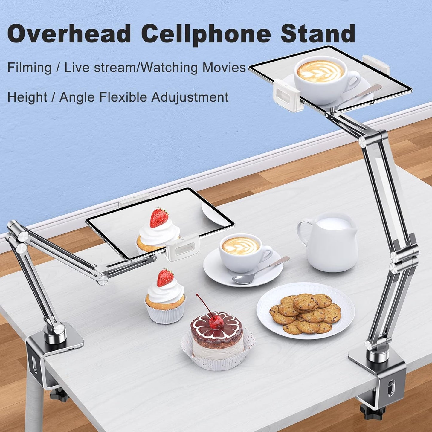 OATSBASF Phone and Tablet Holder Bed Gooseneck Mount, Aluminum Long Arm Foldable Lazy Stand, Universal 360 Degree Rotatable for iPhone, iPad, Tablet-Silver