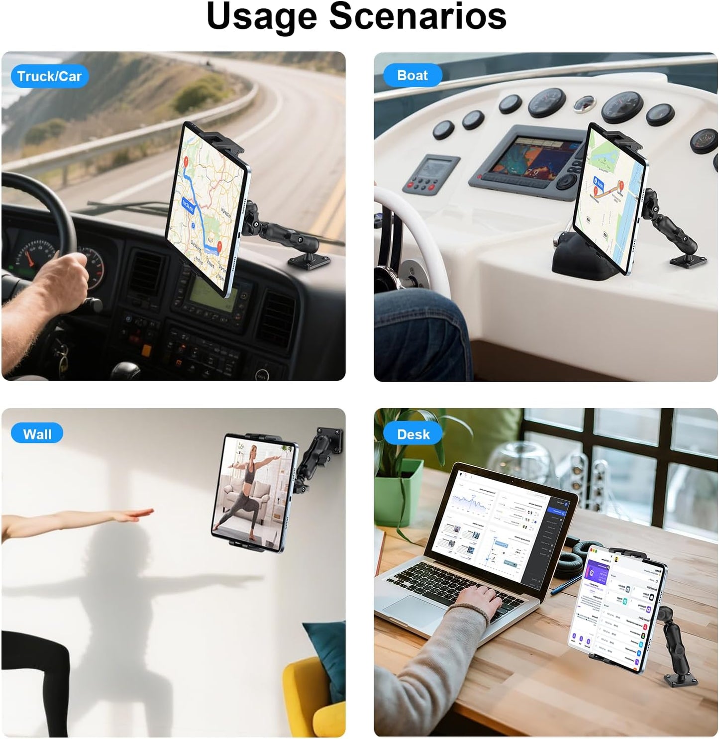 PLDHPRO Tablet Mount for Truck, Heavy Duty Drill Base Tablet Holder for Car Dashboard, Adjustable 2-Stage Stand Compatible with iPad, Galaxy Tab/Z Fold, 5.1-15.6'' Phone Tab for Wall, Vehicle, Boat