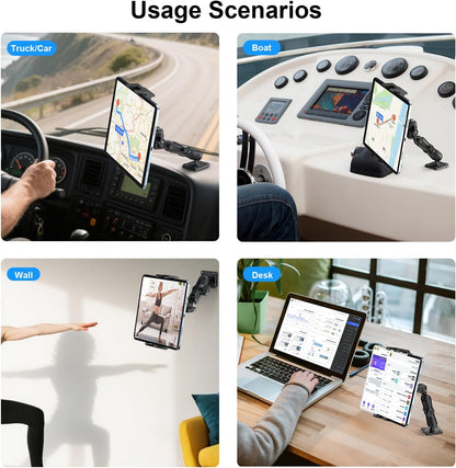 PLDHPRO Tablet Mount for Truck, Heavy Duty Drill Base Tablet Holder for Car Dashboard, Adjustable 2-Stage Stand Compatible with iPad, Galaxy Tab/Z Fold, 5.1-15.6'' Phone Tab for Wall, Vehicle, Boat