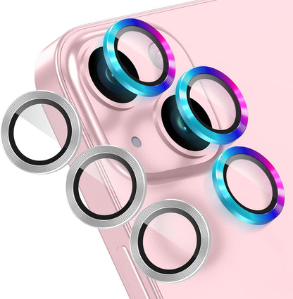 AGVEE 3+3 6 Pack for iPhone 15 6.1" / 15 Plus 6.7" Camera Lens Cover Protector, Metal Ring 9H Tempered HD Glass Camera Cover Protector Film, Silver
