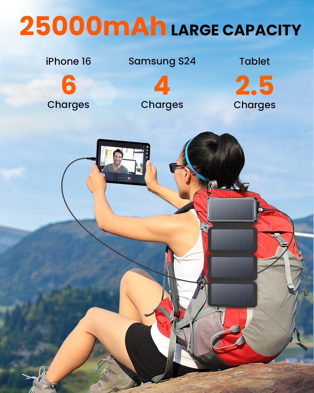 SOARAISE Wireless Solar Power Bank, 25000mAh Solar Charger with Built-in 3 Cables, Dual Outputs, 4 Solar Panels & 3 LED Flashlights, Portable Phone Charger for Outdoor Camping（Black）