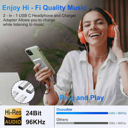 USB C Splitter,Dual USB C Headphone and Charger Adapter for Samsung Galaxy S25 Edge S24 S23 S22 S21 A17 A16 A15 2in1 Type C to Audio Jack Adapter with PD Fast Charging for iPhone 17 16 15 Pro Max 16e