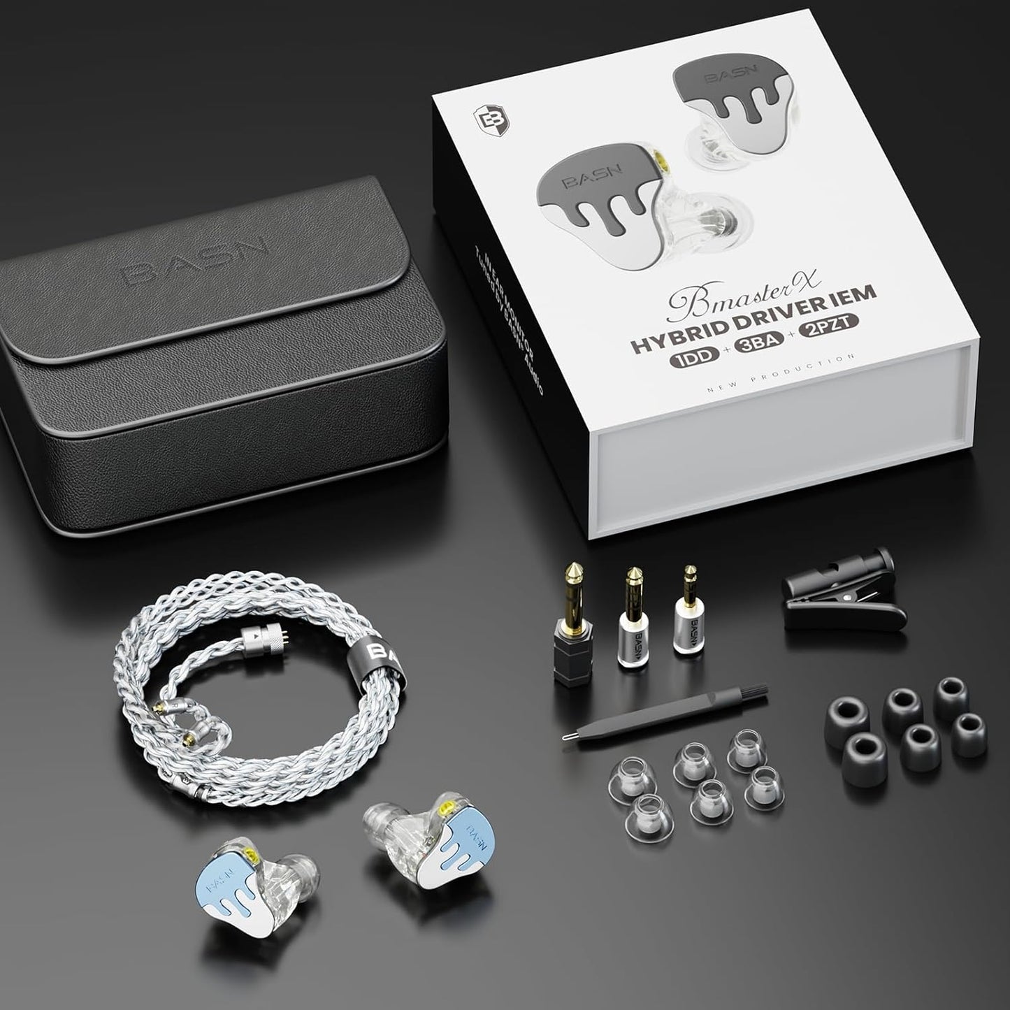 BASN BmasterX in Ear Audio Monitor, Hybrid 6 Drivers IEM Earphones with Crystal Clear Sound, Detachable Cable Plus Carrying Case & Fit Kit for Musician, Stage, Studio (3.5mm/4.4mm Jack, Blue/White)