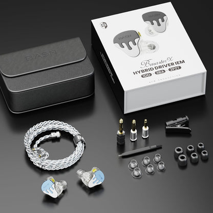 BASN BmasterX in Ear Audio Monitor, Hybrid 6 Drivers IEM Earphones with Crystal Clear Sound, Detachable Cable Plus Carrying Case & Fit Kit for Musician, Stage, Studio (3.5mm/4.4mm Jack, Blue/White)