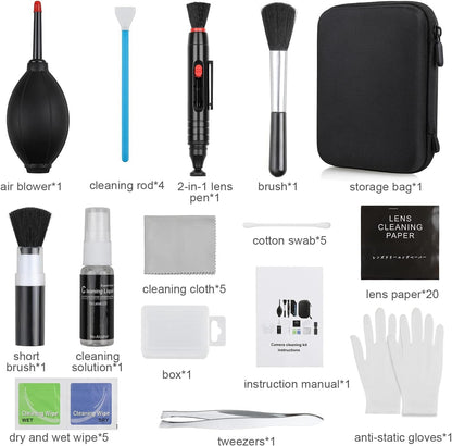 14-in-1 Camera Lens Cleaning Kit - Mirrorless & DSLR Sensor Cleaning Kit for Canon, Sony, Nikon Including Lens Blower, Detergent, Swabs, Cloth, Pen, Brush