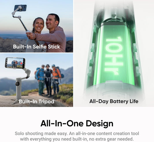 Insta360 Flow 2 Grey - Foldable AI Phone Gimbal, AI Tracking, Multi-Person Tracking, Built-in Tripod/Selfie Stick, Remote Control, iPhone/Android Portable Stabilizer