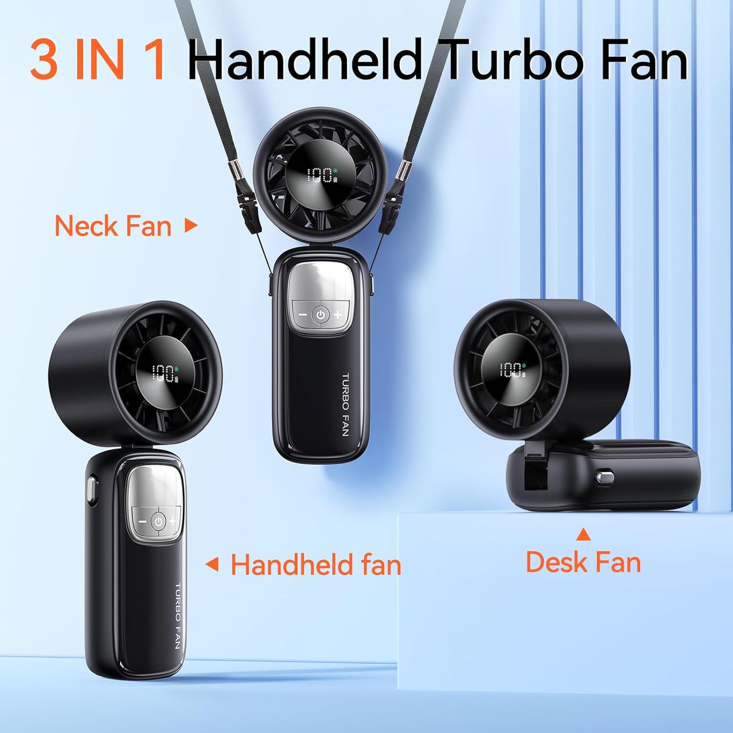 3-in-1 Portable Handheld Turbo Fan-100 Speeds, 15000 RPM, 10Hrs Cooling, LED Display, 90° Rotation, USB Rechargeable Battery Powered, Mini Foldable Hand Held Personal Fan for Women Men (Black)