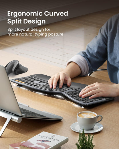 Backlit Bluetooth Ergonomic Keyboard, ProtoArc EK01 Plus Full Size Wireless Split Keyboard with Dual Bluetooth and USB, Cushioned Wrist Rest, Rechargeable for Windows/Mac/Android, Grey Black