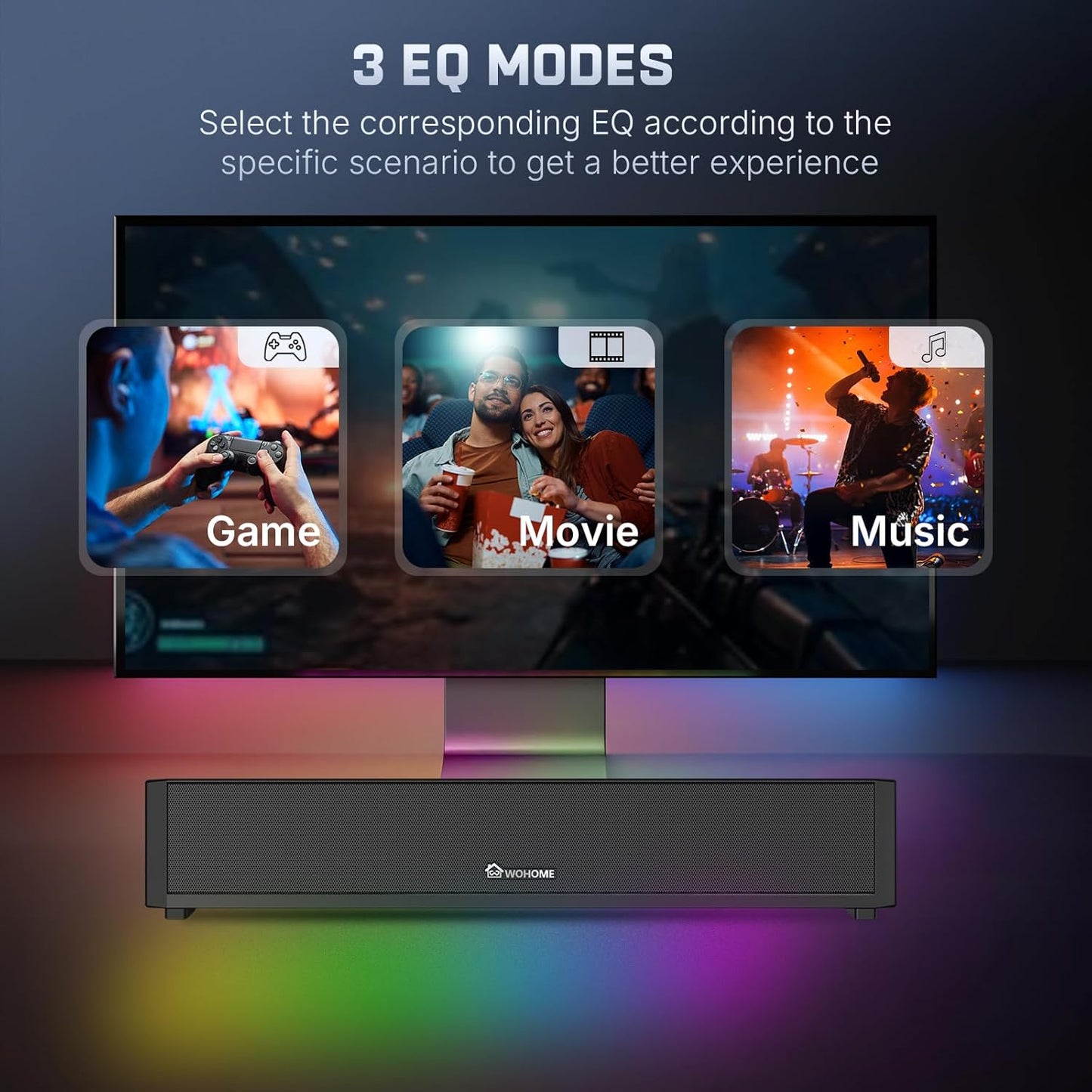 Wohome 2.1 Computer Speakers for Desktop PC, Bluetooth 5.3 PC Sound Bar with 7 RGB Light Modes, DC Powered Laptop Gaming Speakers with 3.5mm AUX-in/USB Connected for Projector, Tablet