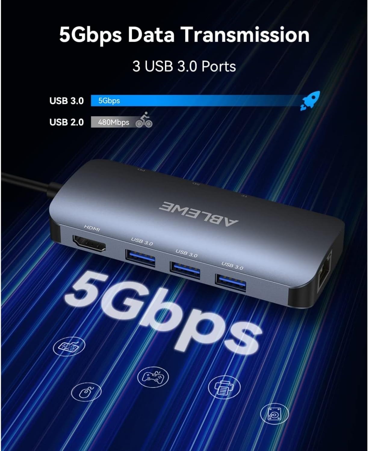 ABLEWE USB C Hub Ethernet, 8 in 1 Multiport USB C to HDMI Adapter 4K@60Hz,1000Mbps, 100W PD, SD/TF Card Reader, 3 USB 3.0 Ports, Docking Station Compatible for MacBook, Tablet, Phone, Type C Devices