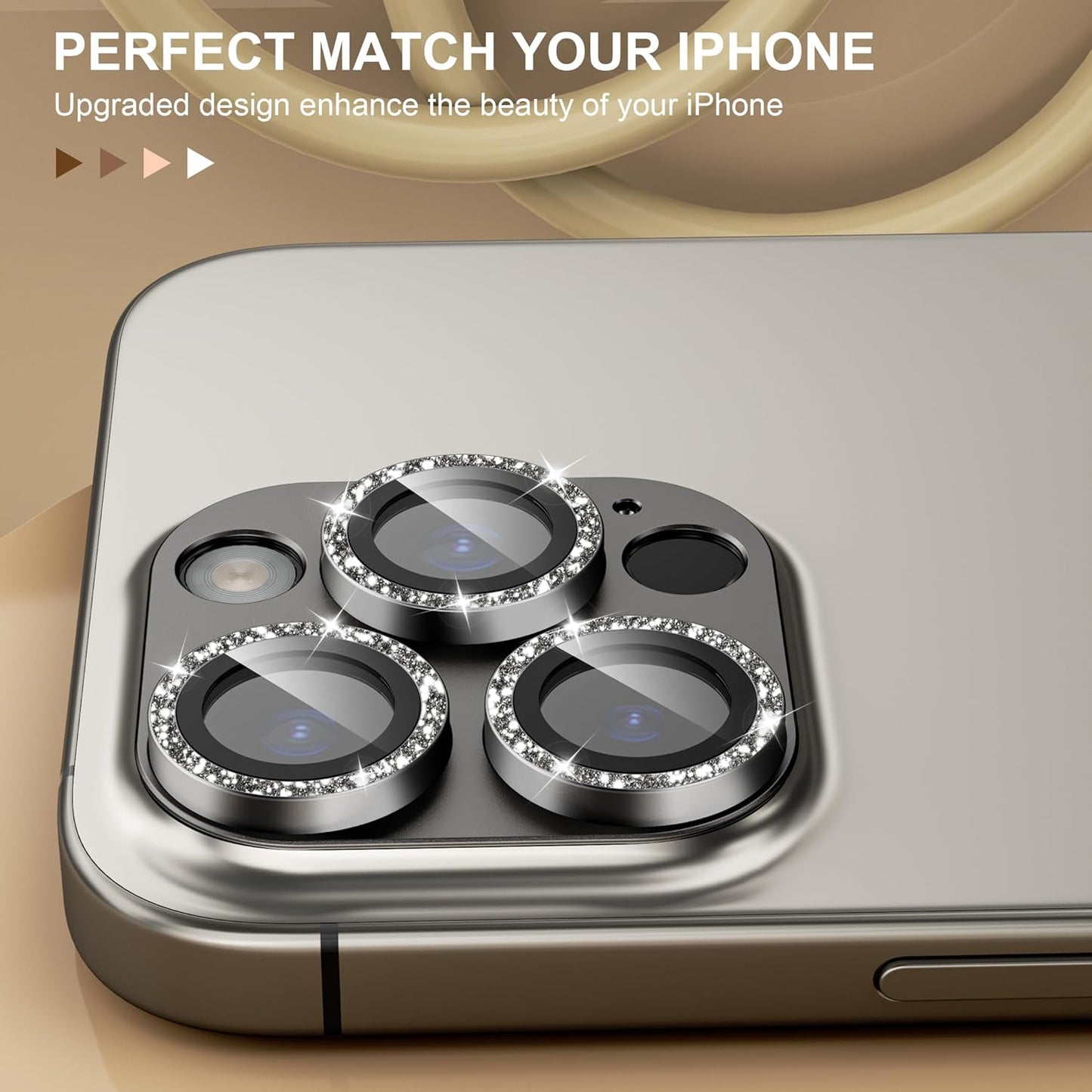 beuxece Compatible for iPhone 16 Pro/iPhone 16 Pro Max Camera Lens Protector, Bling Metal Tempered Glass Camera Screen Cover Accessories [Strong Adsorption][Case-Friendly]- Glitter Titanium Natural