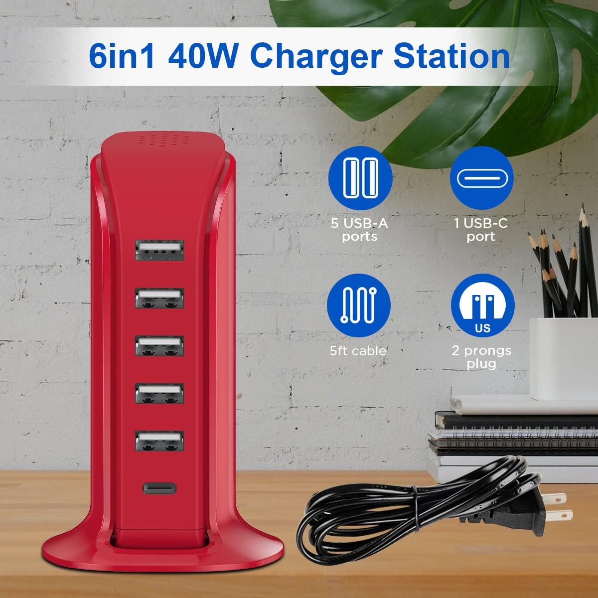 USB Phone Charger 6 Ports 40W Upoy, Type C Wall Charger Smart 6A, Charging Tower with 5ft Power Cord, USB Power Adapter Fast Charging, Smart Home Device Charging Station, iPhone/Ipad Accessories
