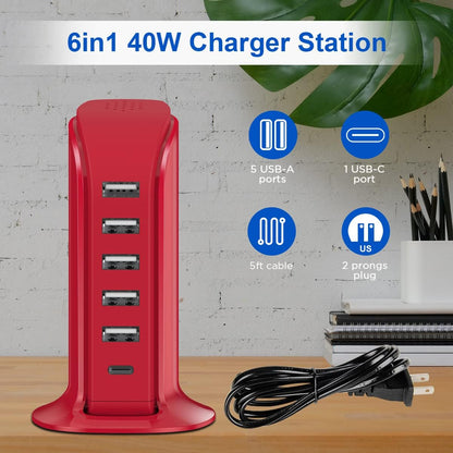 USB Phone Charger 6 Ports 40W Upoy, Type C Wall Charger Smart 6A, Charging Tower with 5ft Power Cord, USB Power Adapter Fast Charging, Smart Home Device Charging Station, iPhone/Ipad Accessories