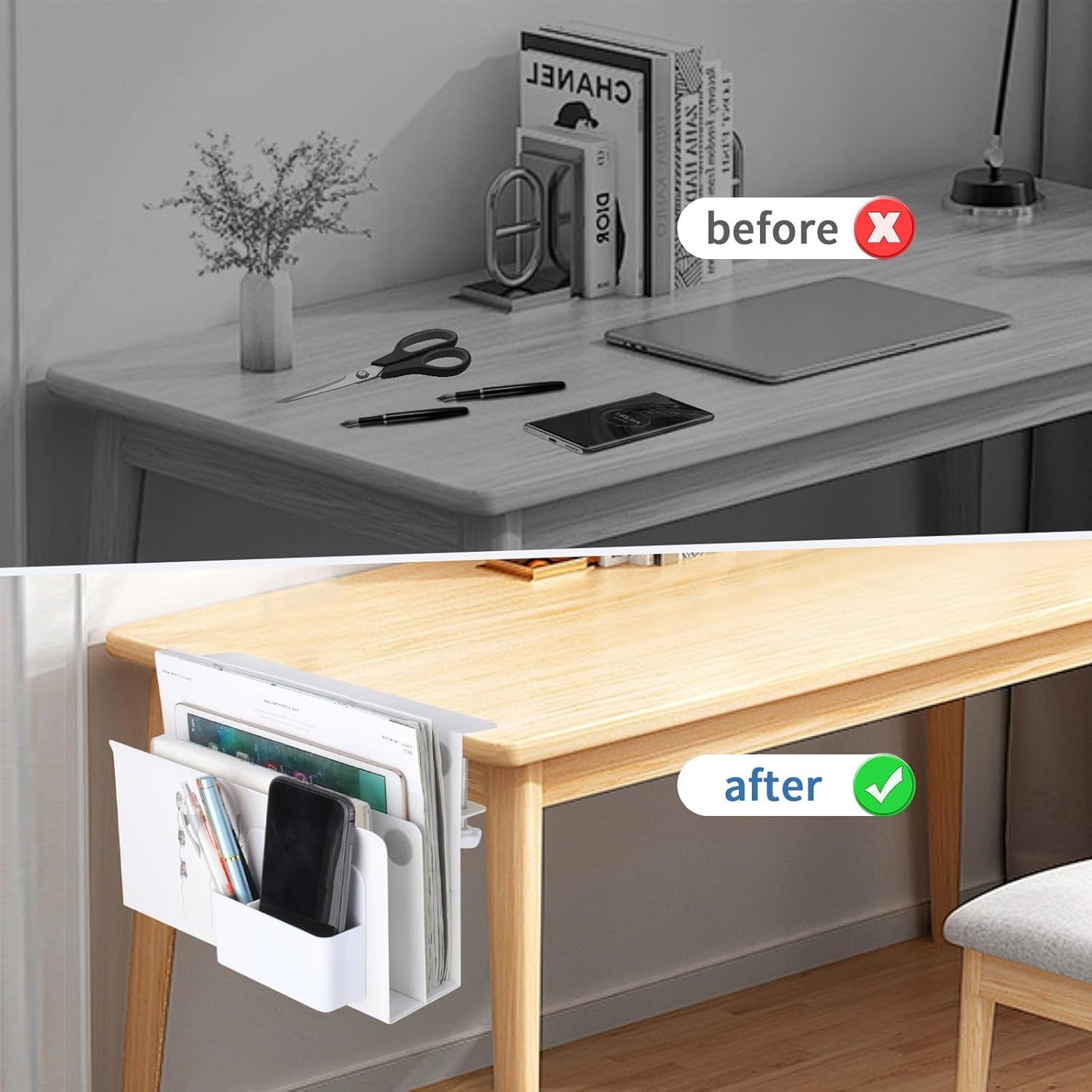 2 Tier Desk Side Storage, Under Desk Laptop Holder with Magnetic Pen Holder, Clamp on Table Organizer, No Drill Hanging Table Organizer for Office and Home Fits Flat Edge 0.3" to 2.3"