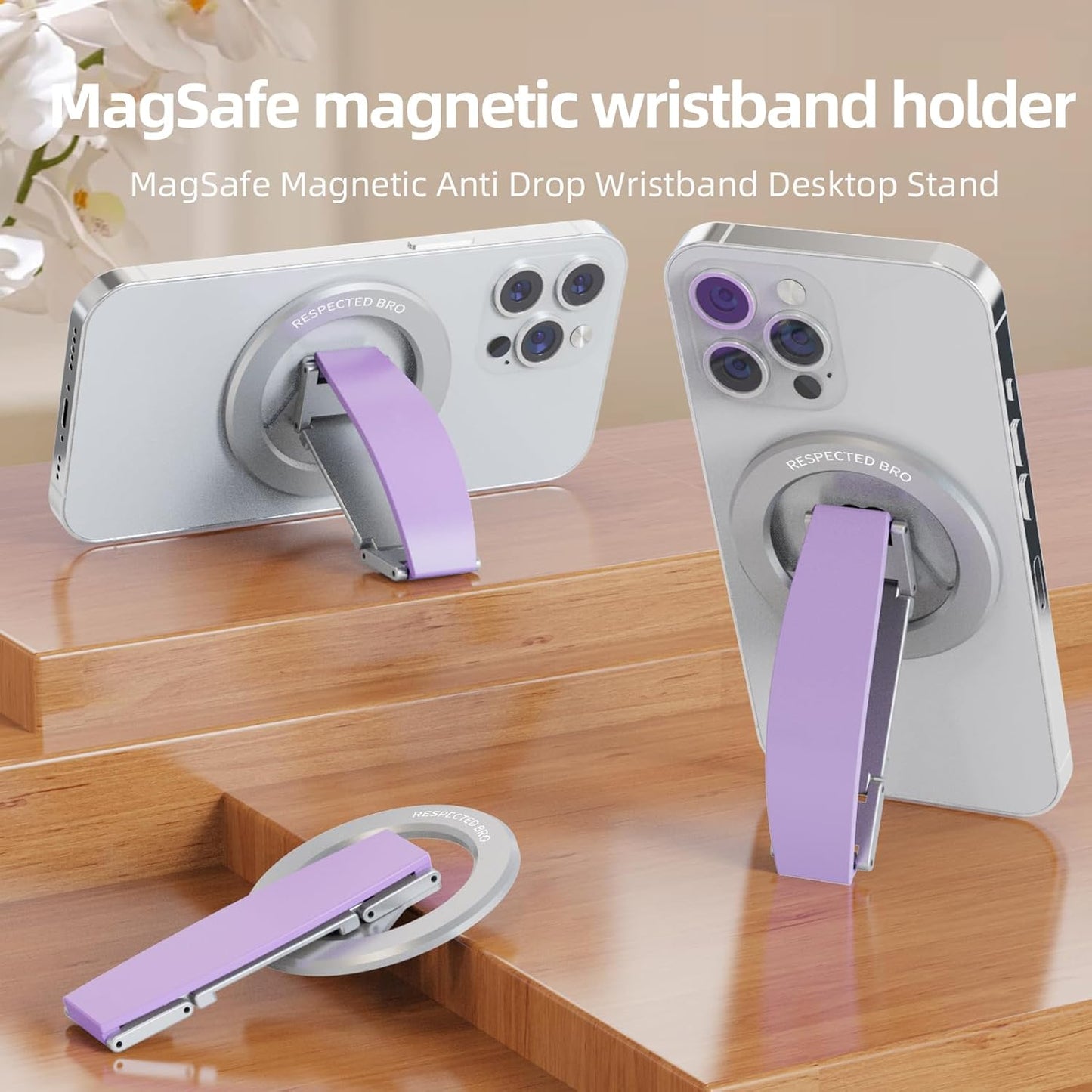RESPECTED-BRO-Magnetic-Phone-Grip-Stand, Magnetic Phone Ring Holder Kickstand with Silicone Finger Strap, Compatibility for iPhones, Androids, and More (Purple)