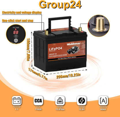 High Performance Lithium Car Battery - G24 12V 60AH with 1100CCA for Start-Stop Systems Auto