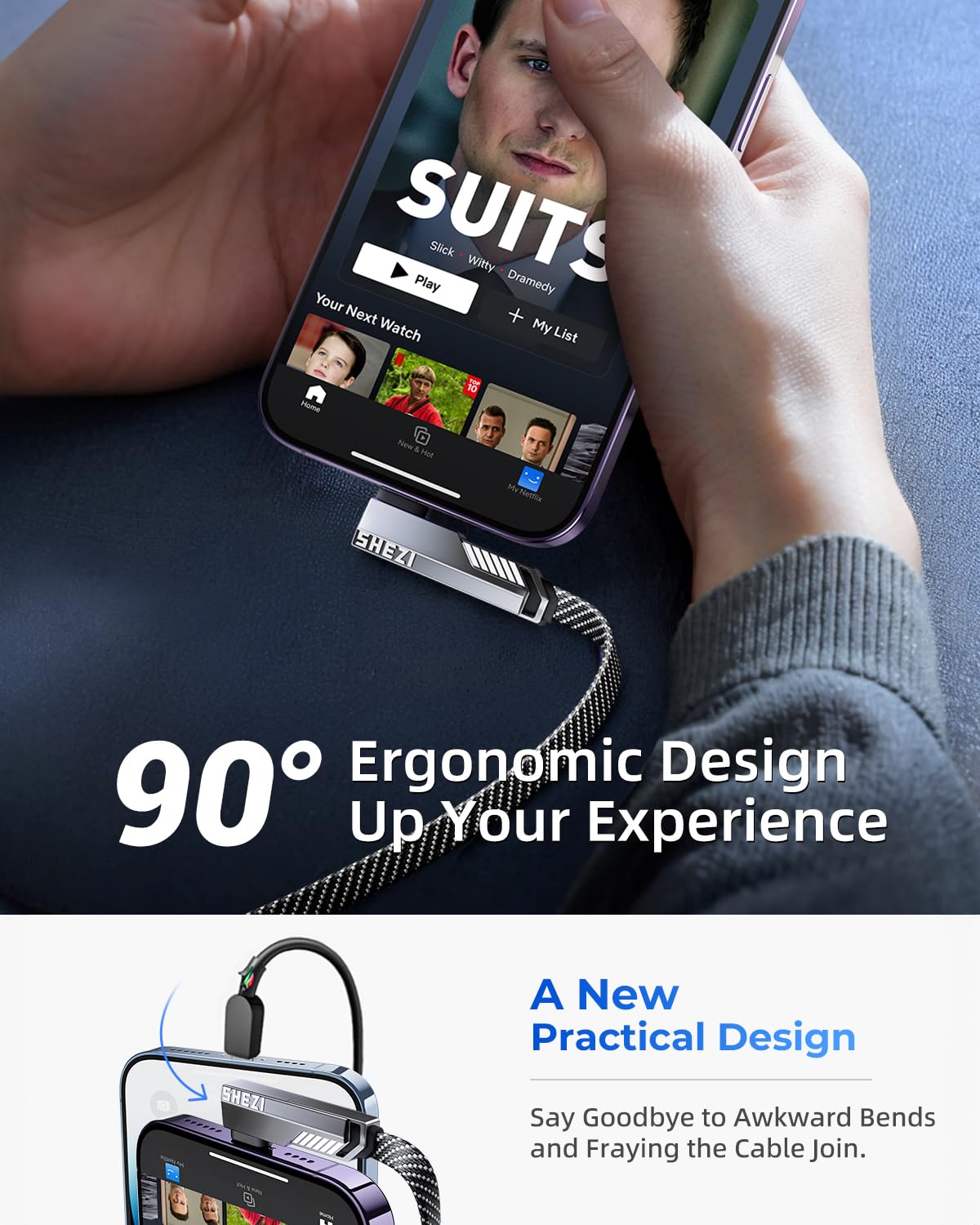 SHEZI 4-in-1 USB C Cable 5FT 90 Degree Fast Charging [480Mbps Data Sync] Flat Nylon Braided Charger Cord Combo, USB A/C to C/L Multi Charging Cable for iPhone 16/15/Samsung & Most Devices, Grey