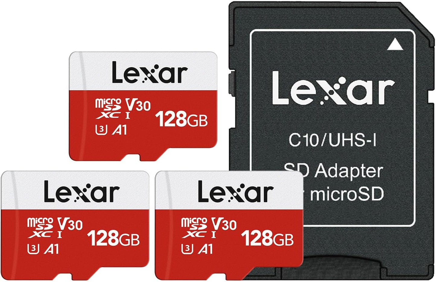 Lexar E-Series 128GB Micro SD Card 3 Pack, microSDXC UHS-I Flash Memory Card with Adapter, 100MB/s, C10, U3, A1, V30, Full HD, 4K UHD, High Speed TF Card