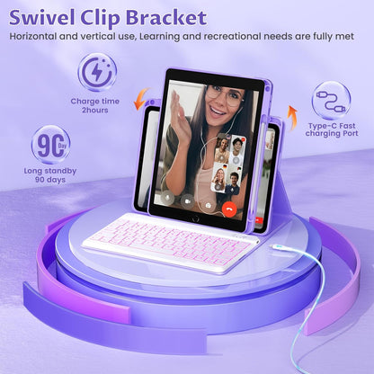 OYEEICE for iPad 9th Generation Case with Keyboard 10.2 Inch - Detachable Backlit Keyboard 360 Rotatable Cover with Pencil Holder for iPad 9th/8th/7th Gen 10.2 Inch, Air 3rd Gen & Pro 10.5" - Purple
