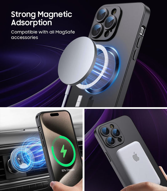 Magnetic for iPhone 15 Pro Max Case [Compatible with MagSafe][Built-in Camera Lens Protector] Slim Soft Silicone Bumper Shockproof Metallic Luster Phone Case (Black)