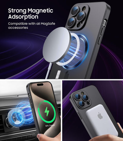 Magnetic for iPhone 15 Pro Case [Compatible with MagSafe][Built-in Camera Lens Protector] Slim Soft Silicone Bumper Shockproof Metallic Shine Phone Case (Black)