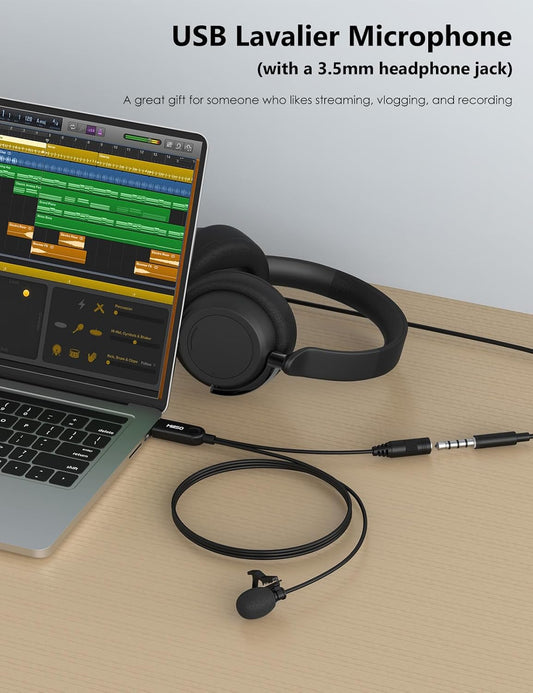 MillSO USB Lavalier Microphone with Headphone Jack Omnidirectional External Lapel USB PC Microphone for Computer, Laptop, YouTube, Meeting, Recording, Podcasting, Gaming - 2M/6.5FT