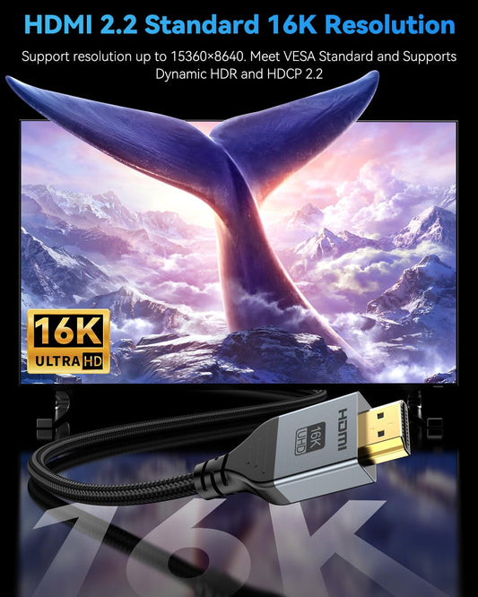 16K 8K HDMI Cable 96Gbps 6.6 FT, Ultra High Speed HDMI 2.2 Cable 16K@60Hz 8K@120Hz 4K@480Hz HDCP 2.2&2.3, Dynamic HDR, eARC,DTS:X, Compatible with Roku TV/HDTV/PS5/Blu-ray/Projector
