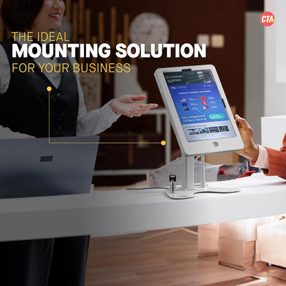 Dual Locking Stand – CTA Security Kiosk with Locking Case, Cable, Stylus, Tether, and 360-Degree Rotating Base for iPad Pro 10.5”, iPad Air 3, and Headphone Jack. (PAD-ASKTW) - White