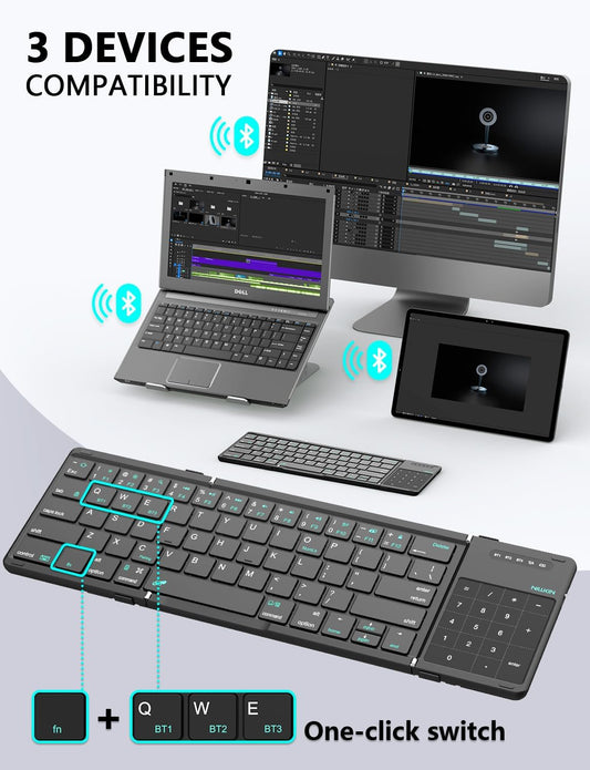 Nillkin Foldable Keyboard with Touchpad, Bluetooth Keyboard with Number Pad, Full Size Keys, Large Trackpad Small Travel Portable Keyboards for iPad Laptop PC Tablets -Black