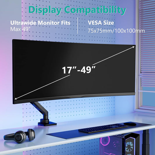 WALI Ultrawide Monitor Arm for 17 to 49 Inch Heavy Duty Curved Screens, Holds 44 Lbs, Adjustable Gas Spring Single Monitor Desk Mount for Samsung Odyssey G9, 75x75/100x100 VESA (GSM001XL-P), Black