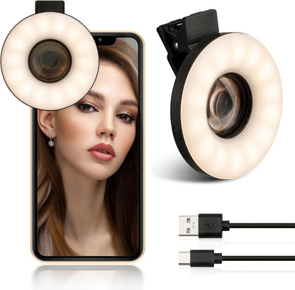 37mm Macro Lens for iPhone and Android with Mini Clip Ring Light, Portable Rechargeable Dimming, for Smart Phone Photography, Camera Video Recording, Black