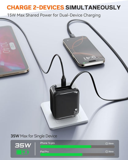Retractable Wall Charger, 35W Fast USB C Charger Block with Extendable Type C Charing Cable for iPhone 16 15 Galaxy S25 24, Portable Retractable Charging Plug for Home Kitchen Office Travel