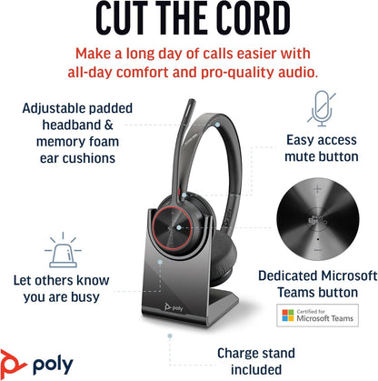 Poly Voyager 4320 UC Wireless Headset & Charge Stand (Plantronics) - Stereo Headphones w/Noise-Canceling Boom Mic - Connect PC/Mac/Mobile via Bluetooth-Works w/Teams (Certified), Zoom-Amazon Exclusive