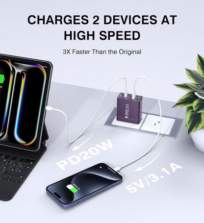 [2Pack] 50W USB C Plug,5-Port Fast Charger Block PD+QC Cube Wall Charging Box Brick for iPhone 16/15/14/13 for Samsung Galaxy S24/S23/S22/S21+/S21 Ultra, Magsafe Wireless Charger,(Purple)