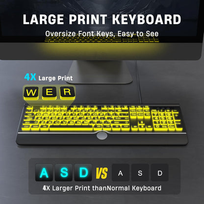 Large Print Backlit Computer Keyboard, USB Full Size Wired Keyboards with 7-Colors Backlight, Wrist Rest, Light Up Keyboard for Windows, PC, Laptop - Easy to See, Easy to Setup